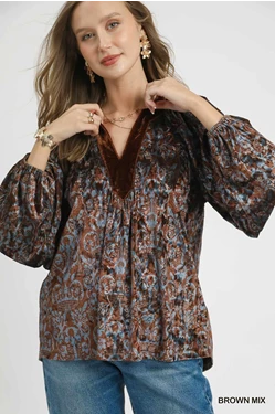 Chocolate Brown & Blue Velvet Jacquard Top