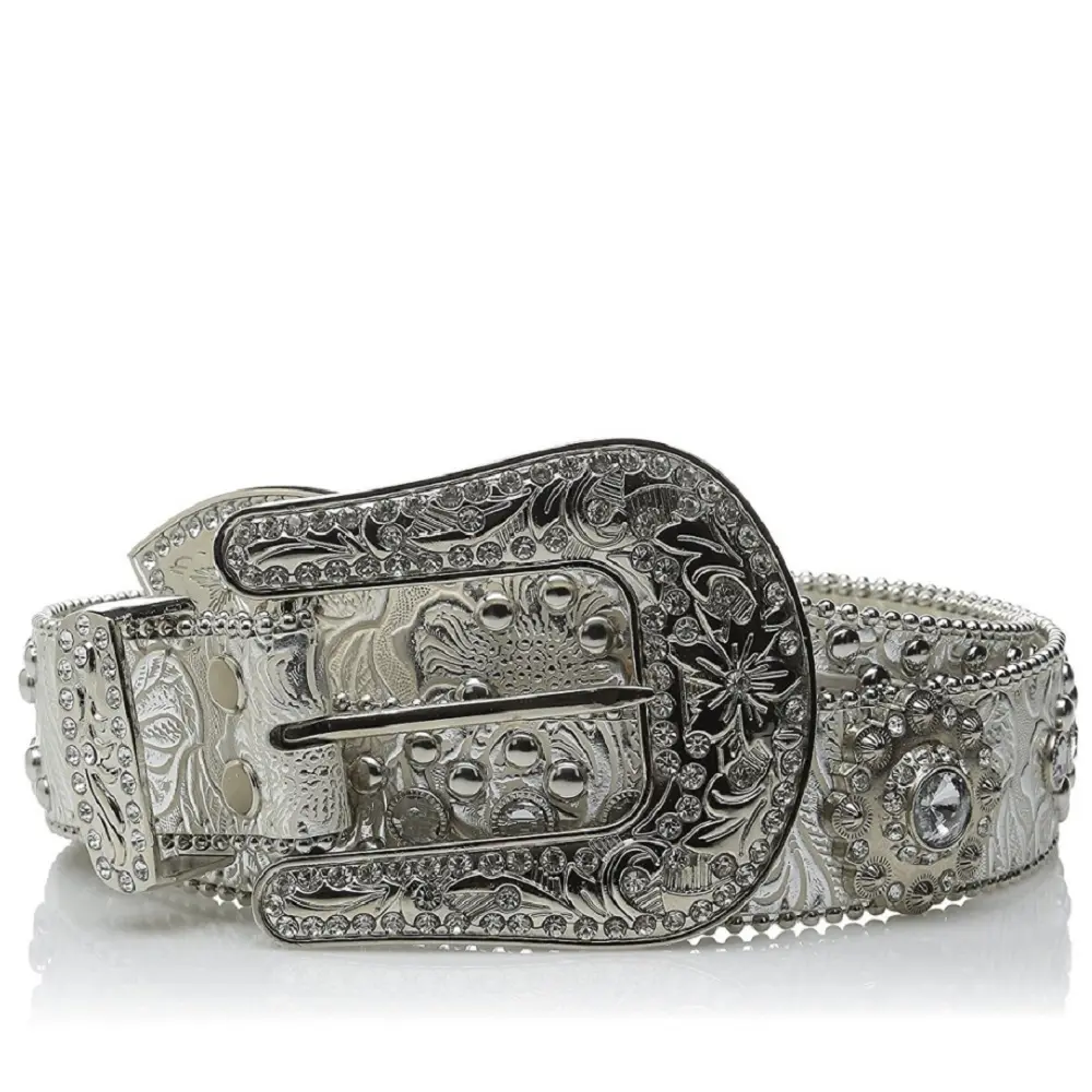 Floral Concho Metallic Silver Leather Belt