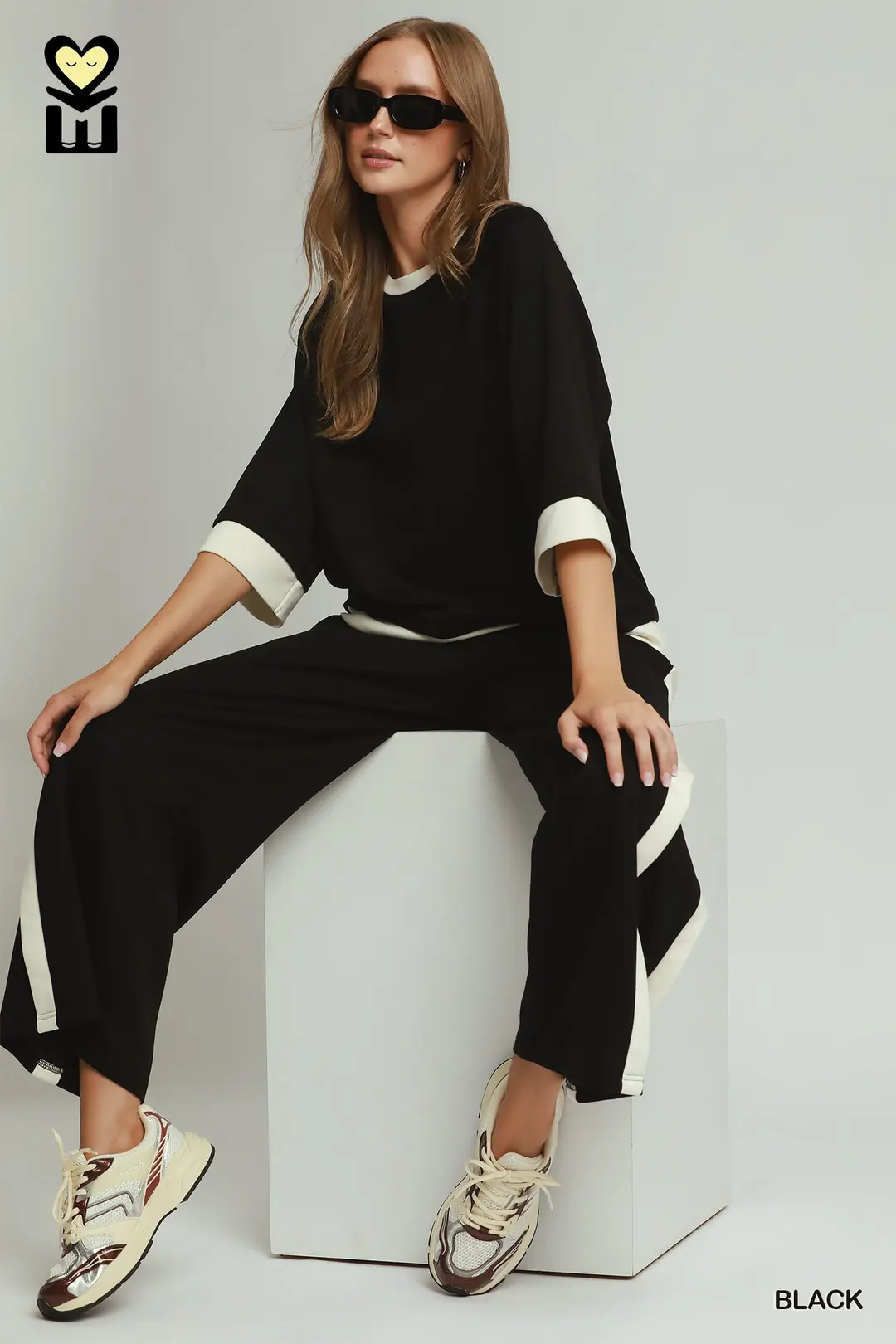 Black/Cream Color Block LuxeKnit Lounge Set