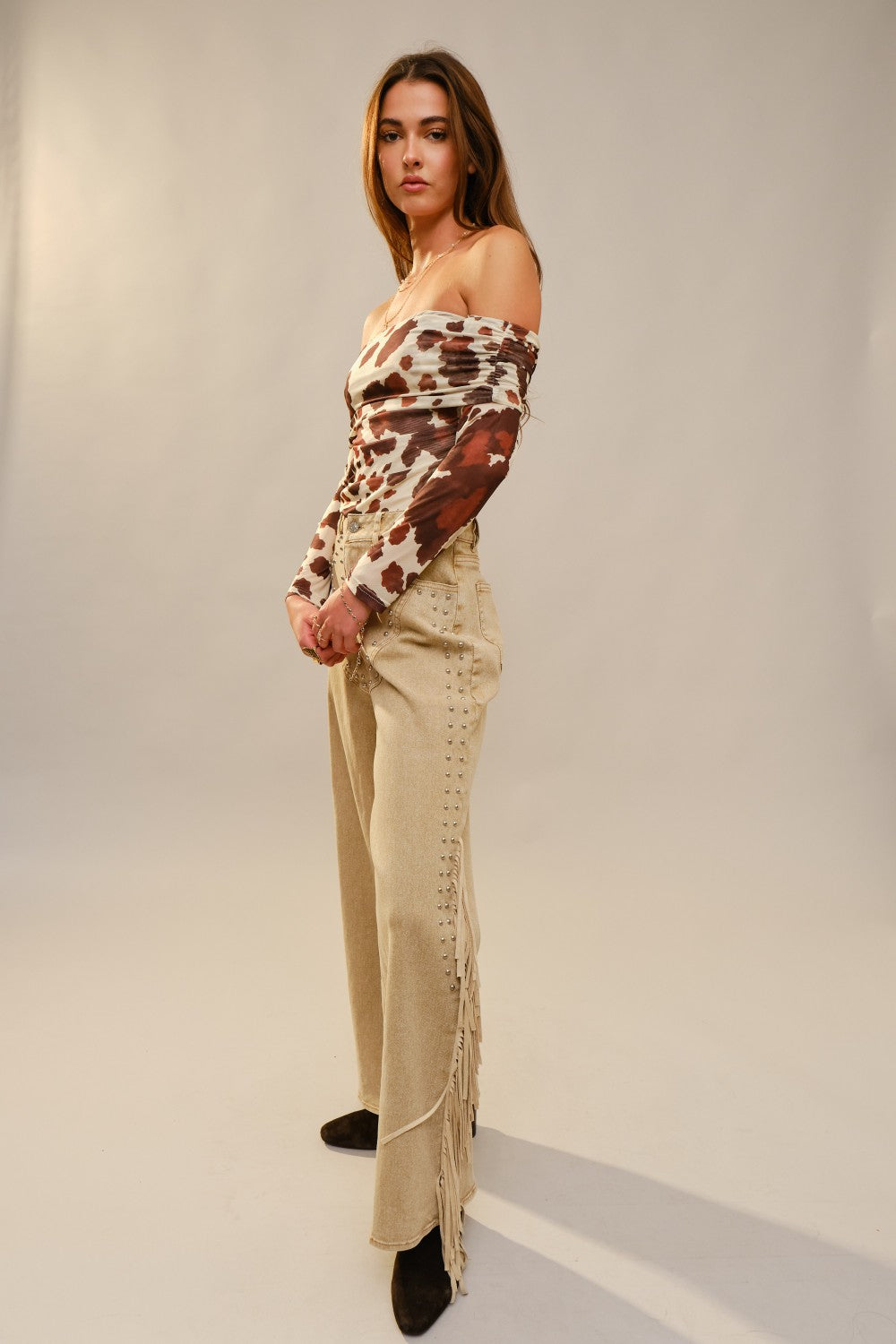 Cow Print Mesh Off Shoulder Top