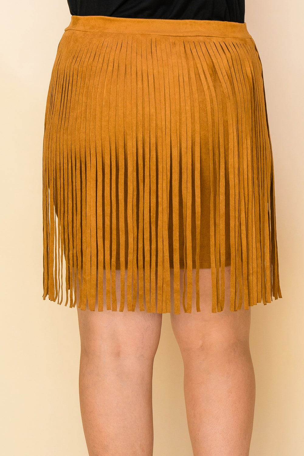 Brown Plus Size Faux Suede Fringed Skirt