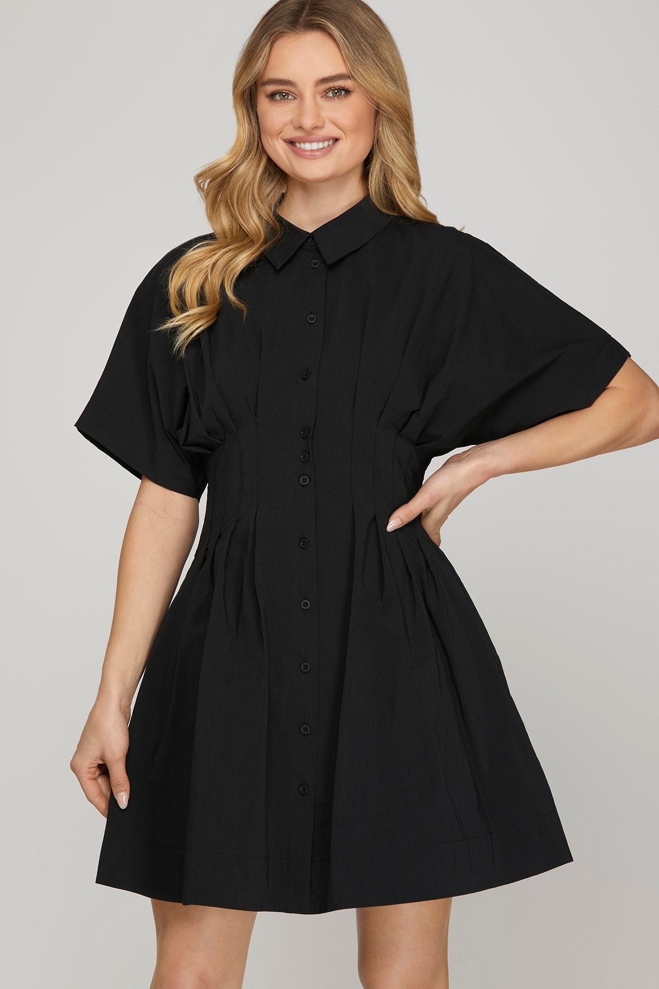 Black Pleated Shirt Mini Dress