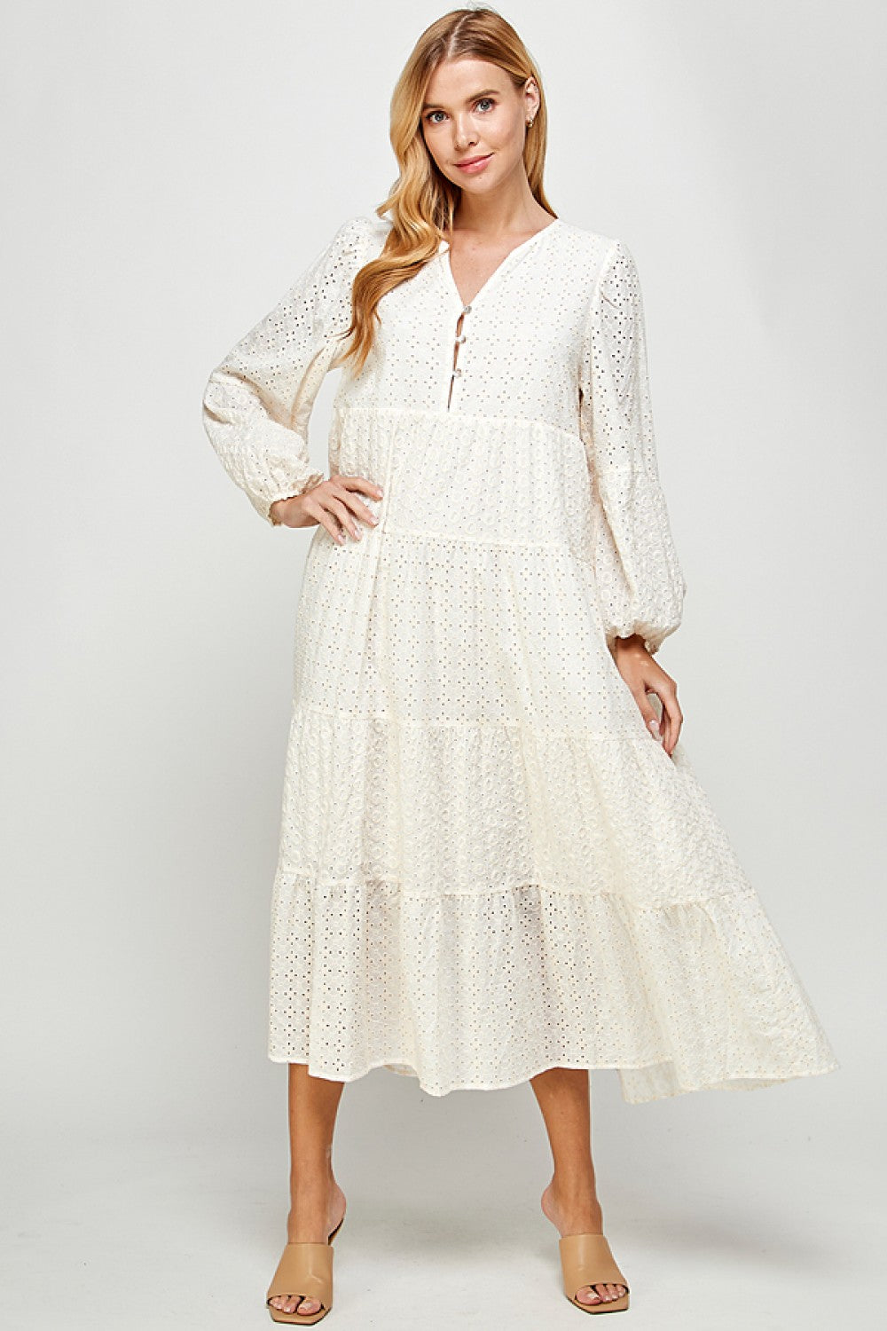 Cream Eyelet Lace Tiered Midi Dress