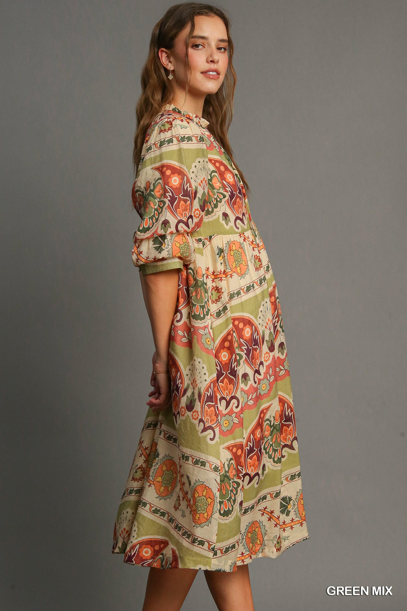 Green, Cream & Rust Border Print Dress