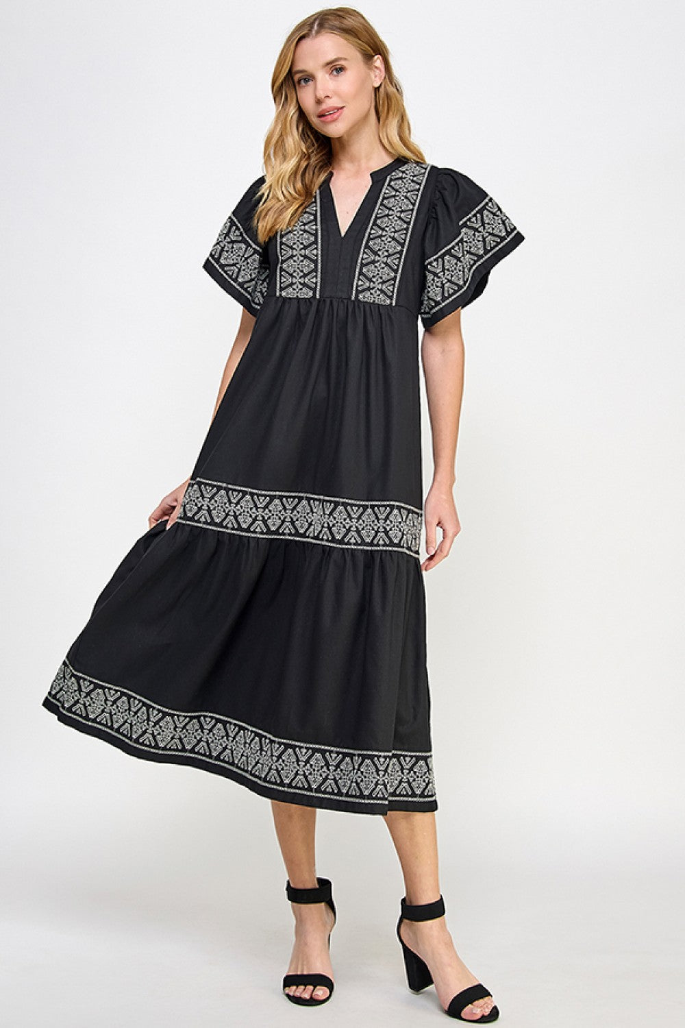 Black Linen & Cotton Blend Embroidered Dress