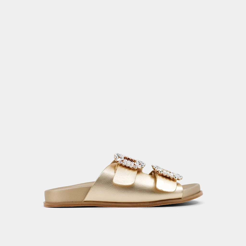 Gold Slip On Sandal w/ Crystal Buckle by Shushop