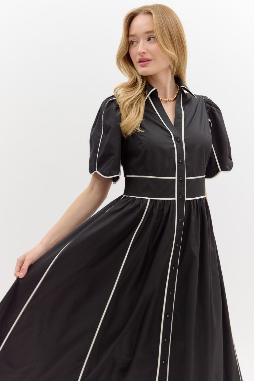 Black w/ White Contrast Trim Midi Dress