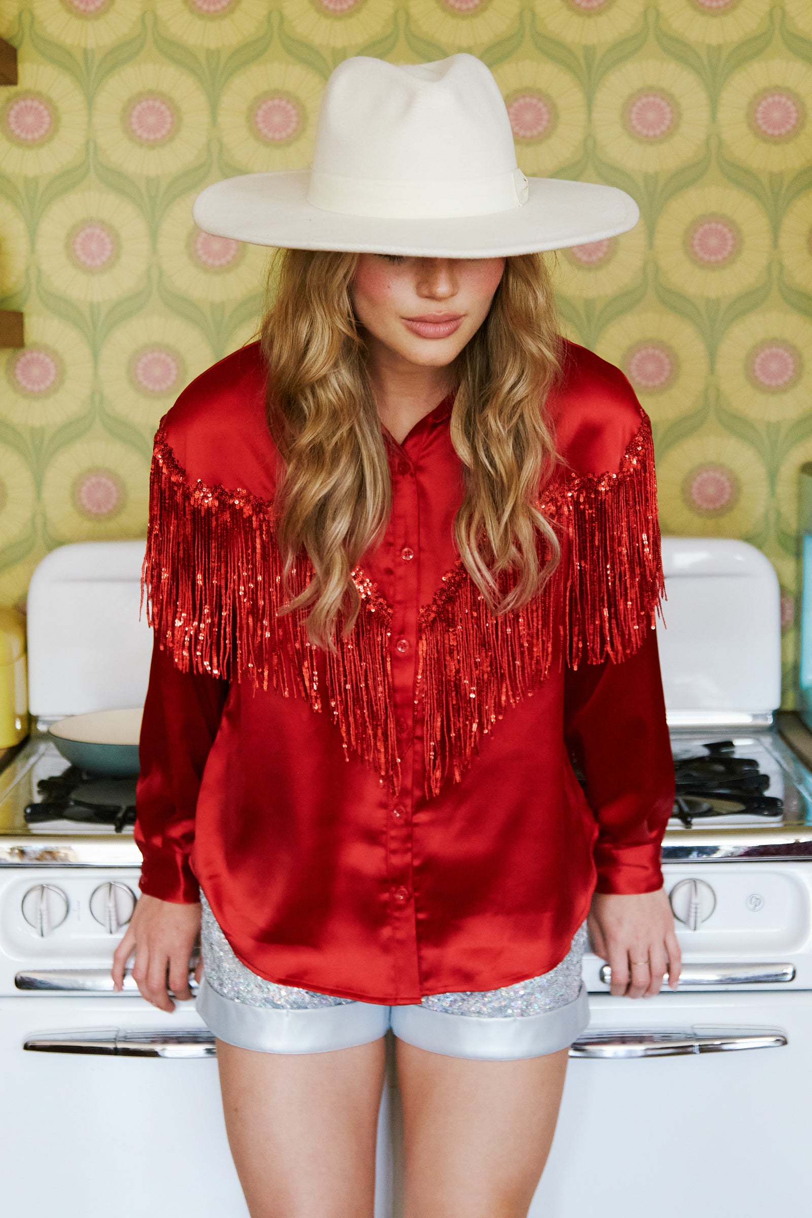 Red Satin Button Up Blouse w/ Fringe