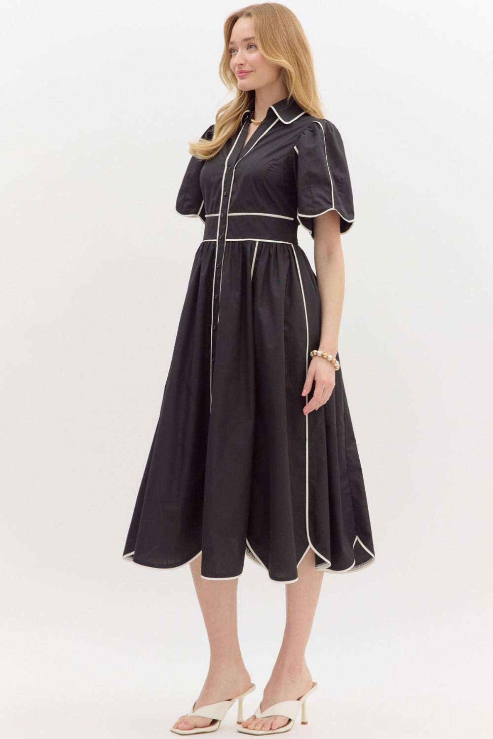 Black w/ White Contrast Trim Midi Dress