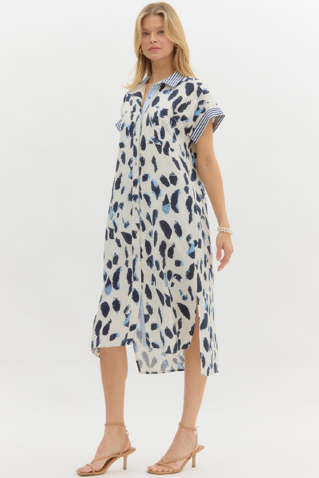 Navy & Light Blue Animal Print Shirt Dress