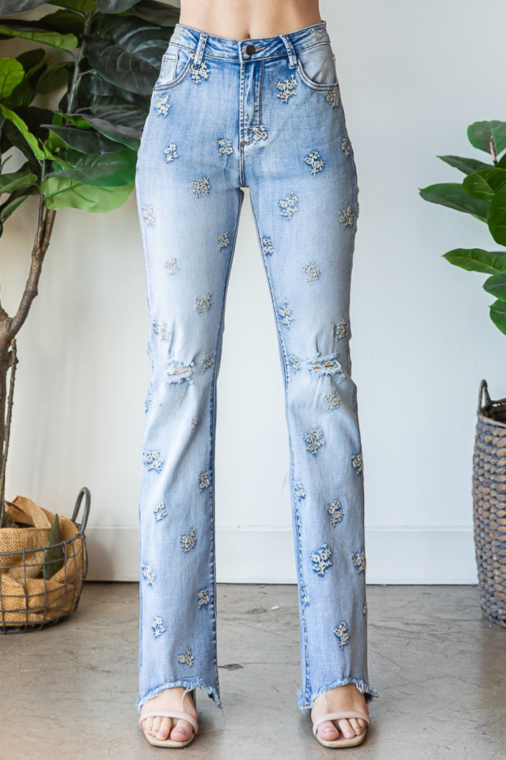 All Over Embroidery Stretch Denim Jeans