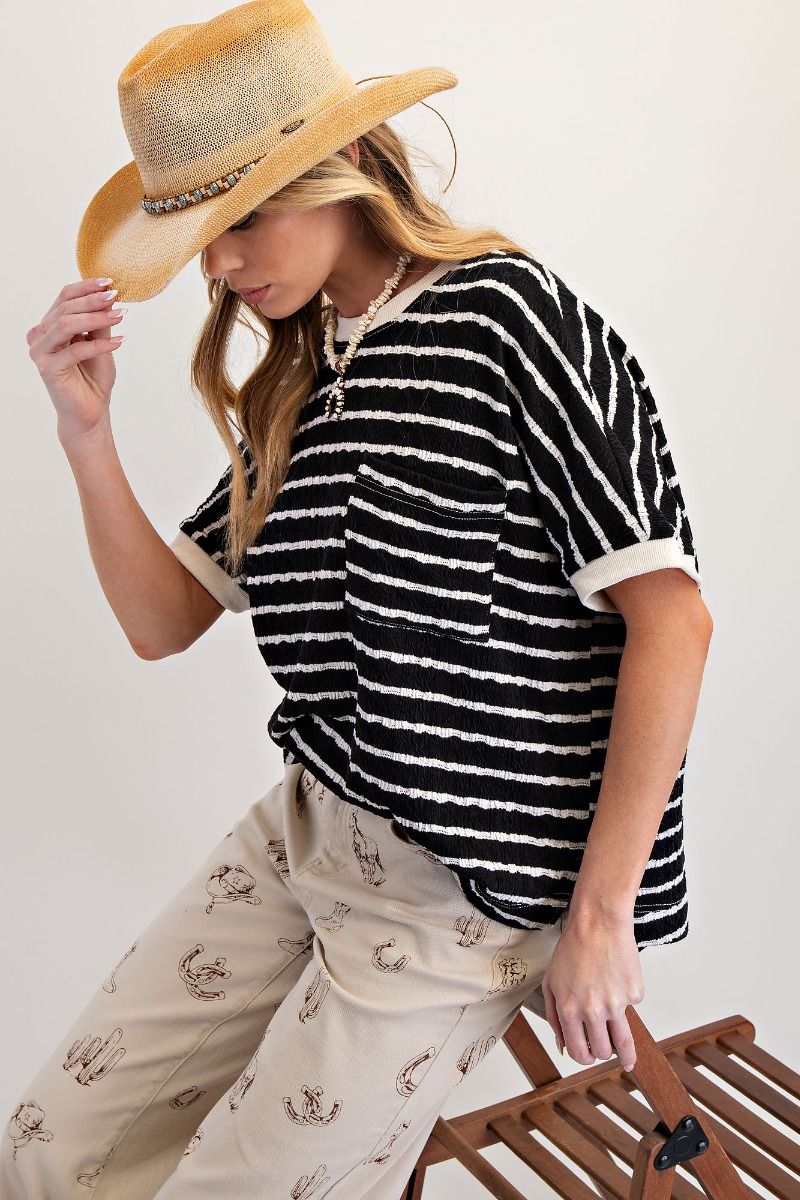 Black w/ Cream Textured Stripe Knit Tee