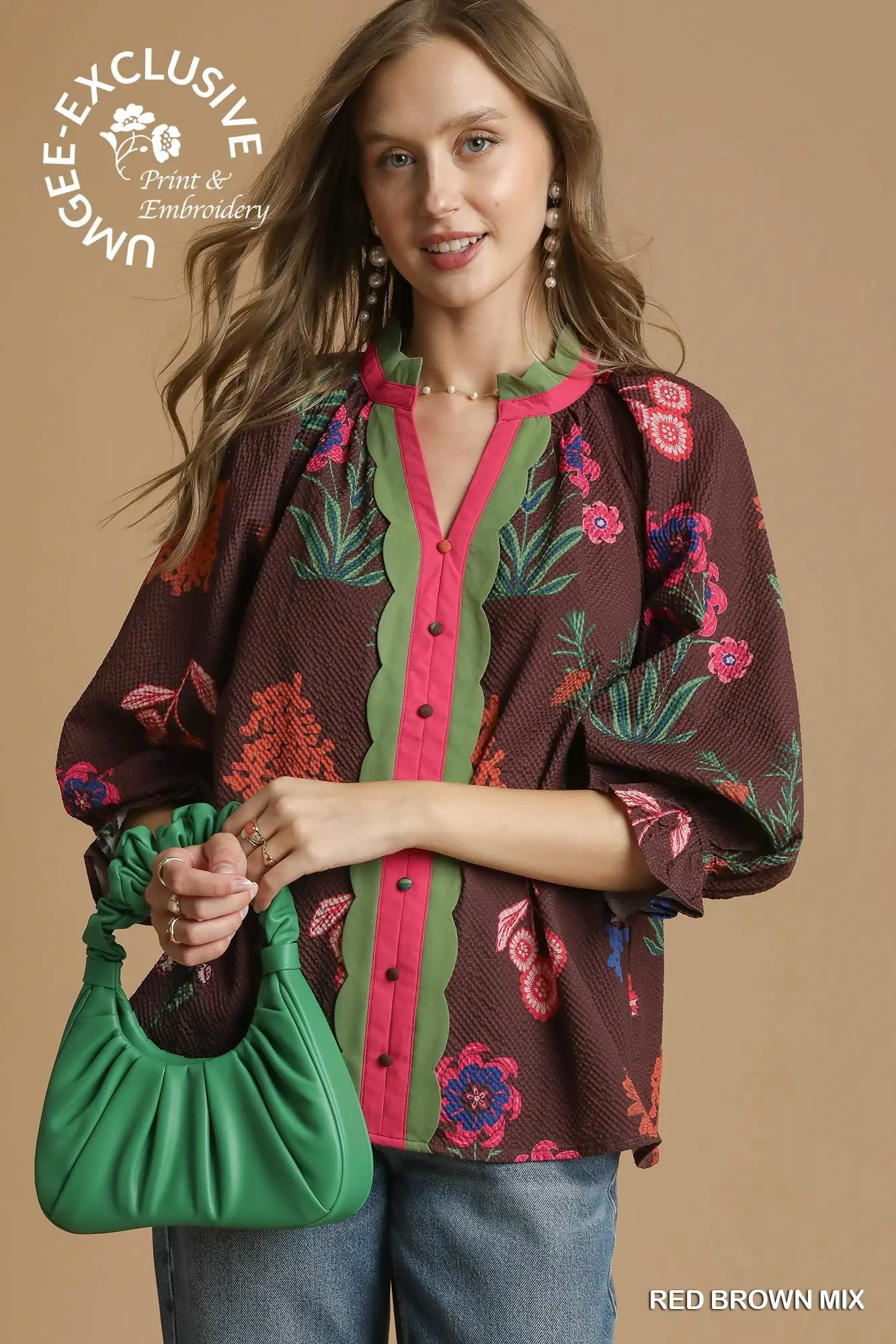 Red/Brown Mix Floral Textured Top