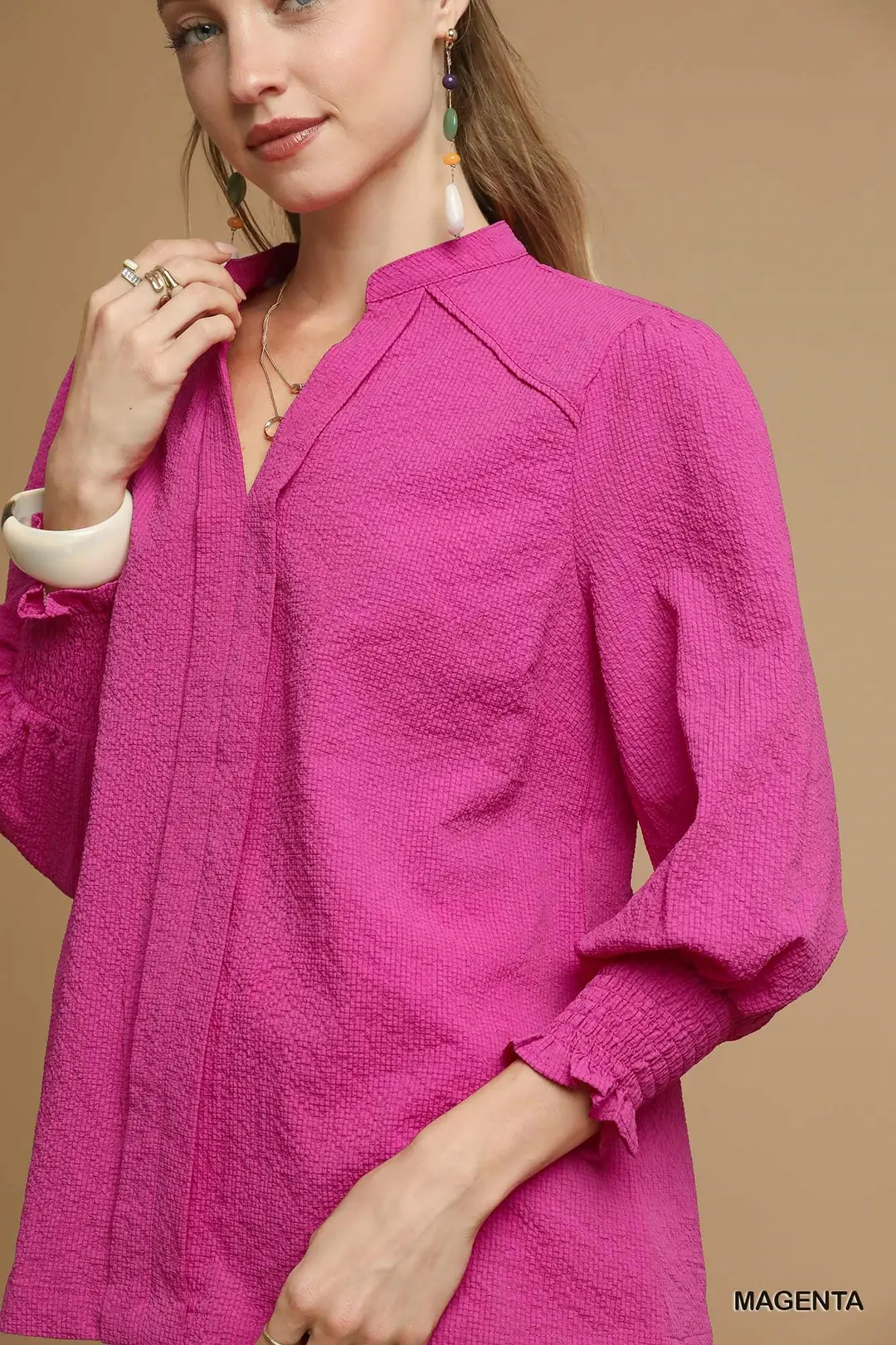 Magenta Textured V-Neck Top