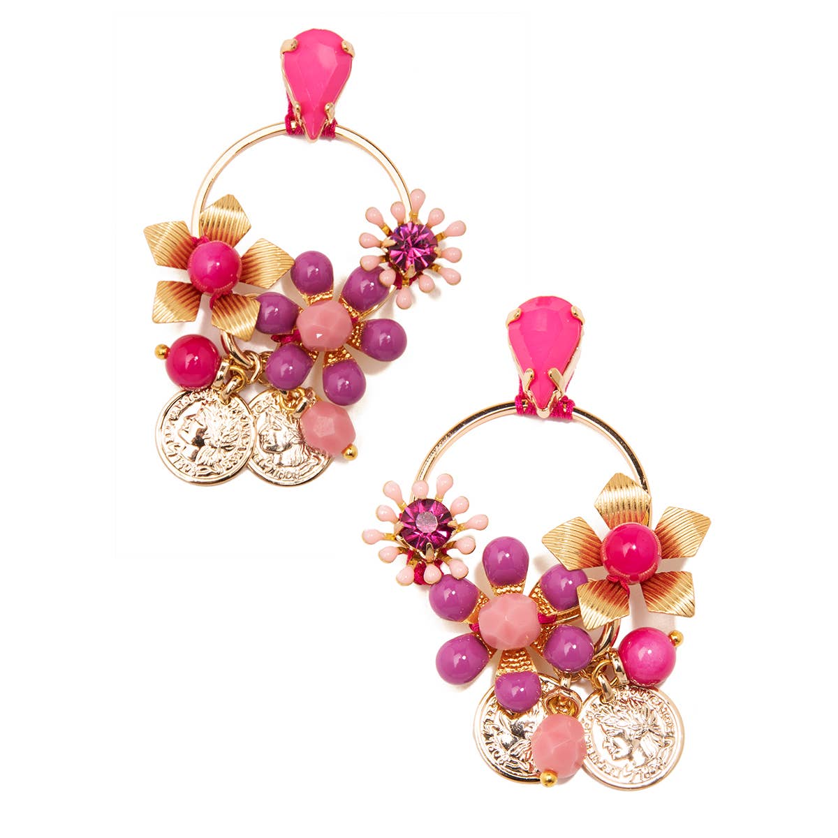 Shades of Pink Handmade Flower & Crystal Drop Earring