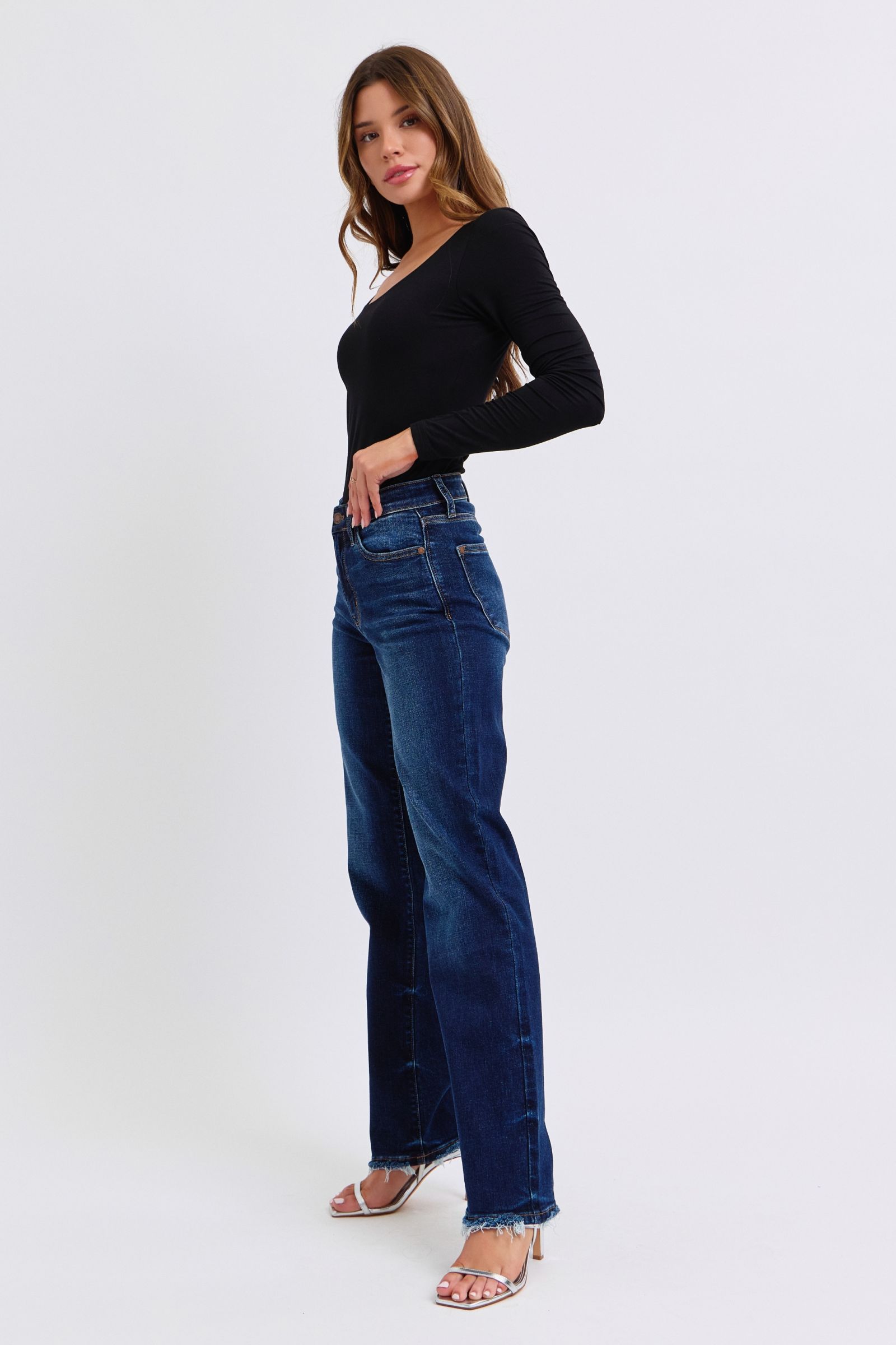 Judy Blue Mid Rise Straight Leg Jeans w/ Fray Hem