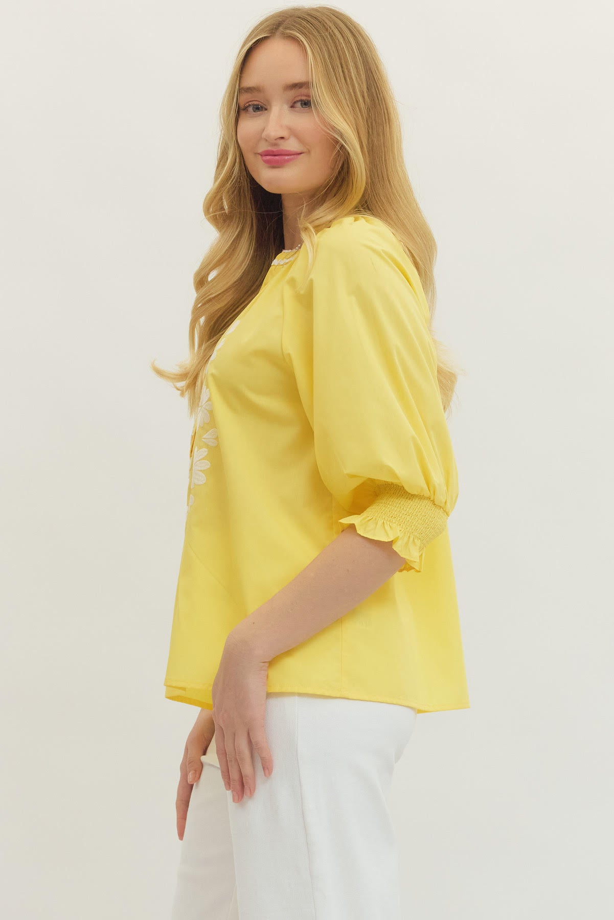 Lemon Yellow Top w/ Embroidered Details