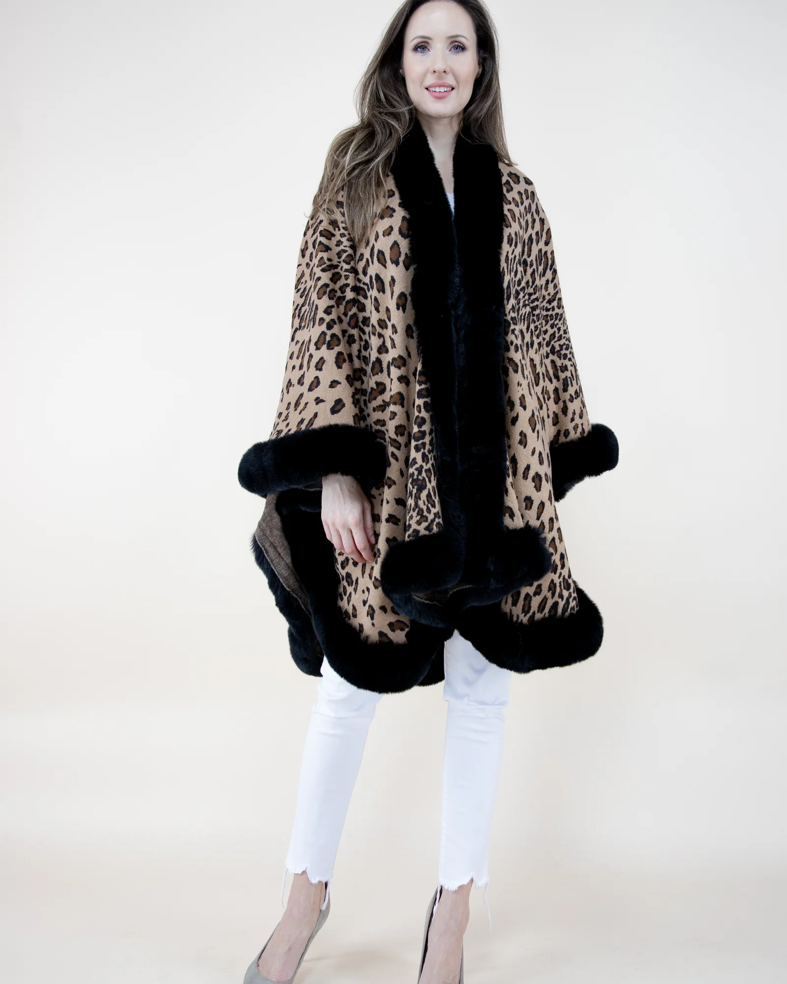 Black & Camel Cheetah Shawl w/ Faux Fur