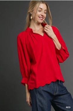 Red Linen  Blend Scallop Hem Blouse