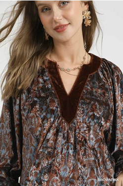 Chocolate Brown & Blue Velvet Jacquard Top
