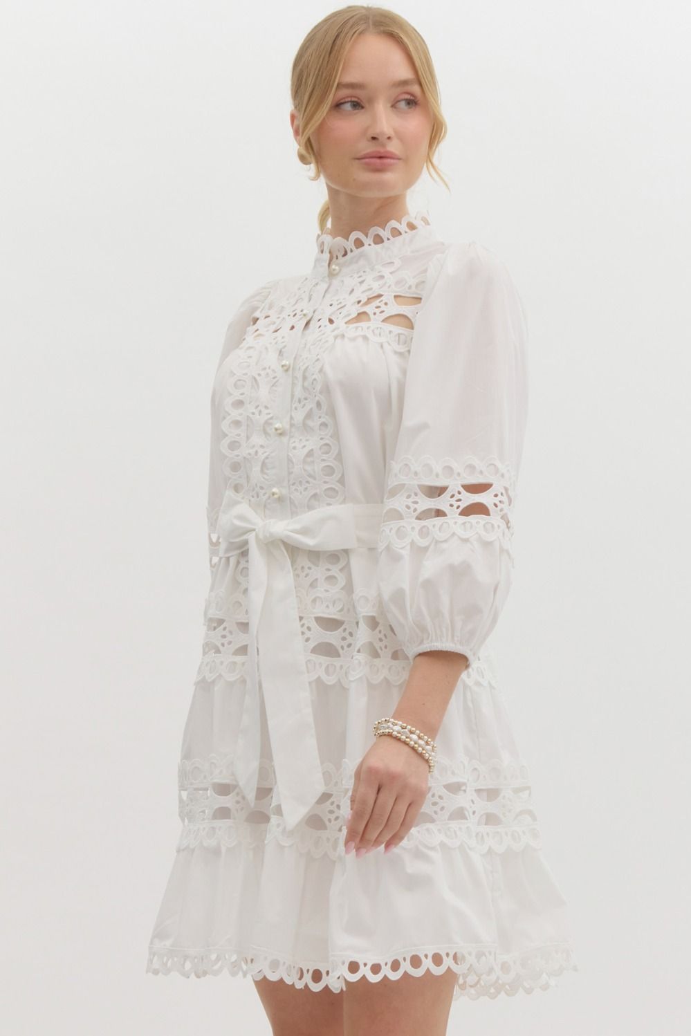White Lace Trim Pearl Button Mini Dress