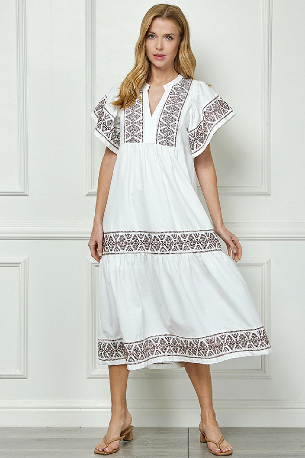 Off White Linen & Cotton Blend Embroidered Dress