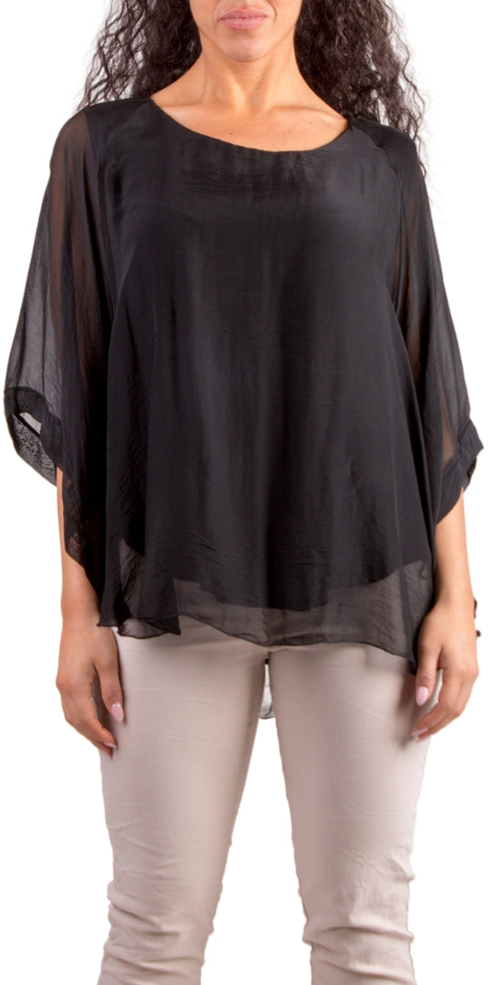 Black Round Neck Silk Top w/ Bell Sleeves