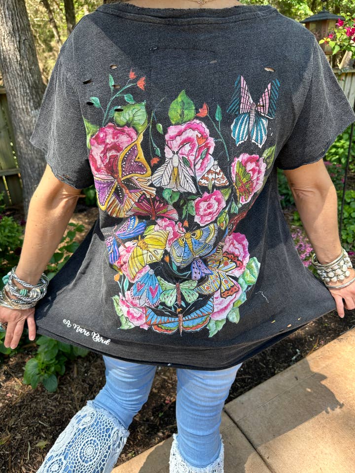 Dragonflies and Butterflies Black Tattered Tee