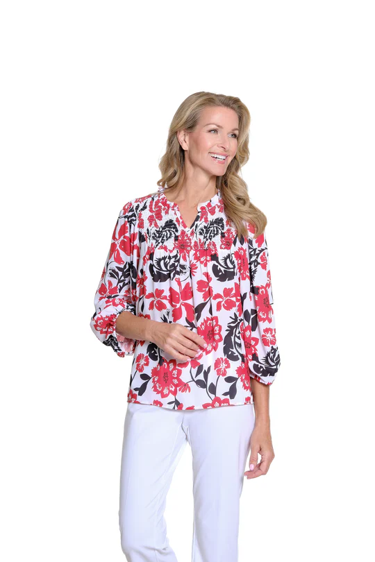 White w/ Red & Black Floral  Top by Multiples