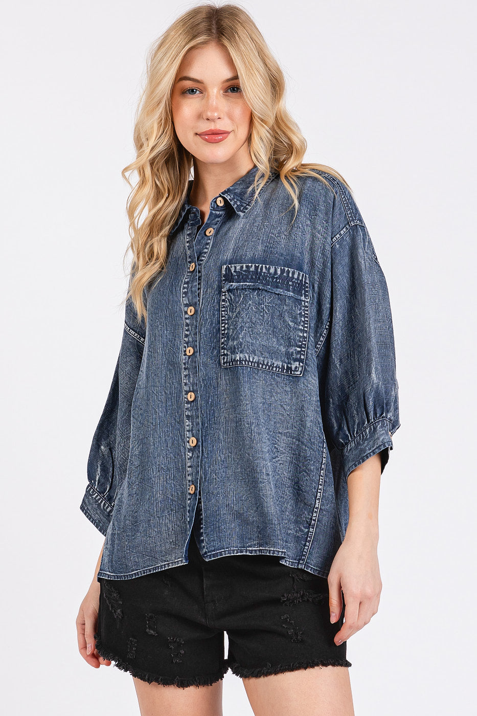 Dark Washed Tencel Denim Dolman Sleeve Top