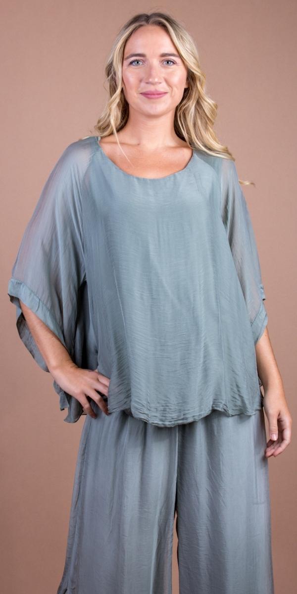 Light Olive Round Neck Silk Top w/ Bell Sleeves