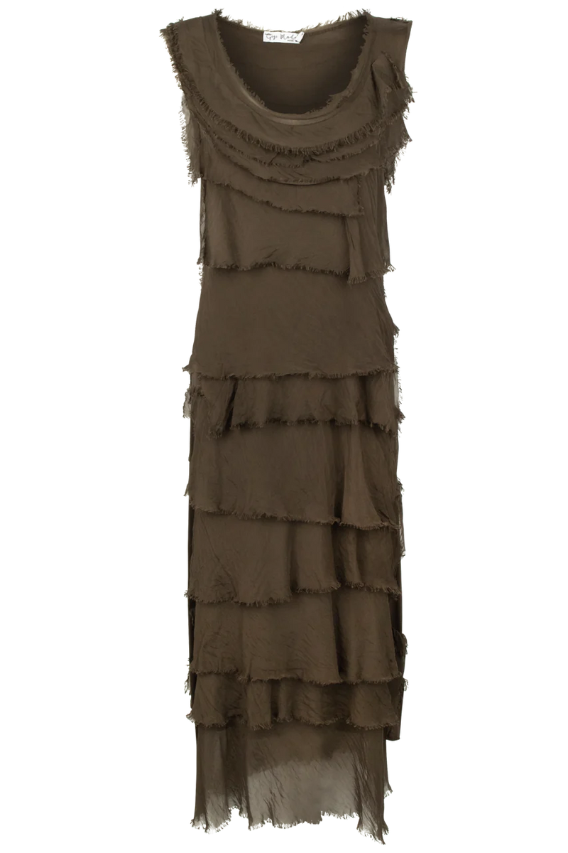 Washable Silk Sleeveless Ankle Length Ruffle Dress