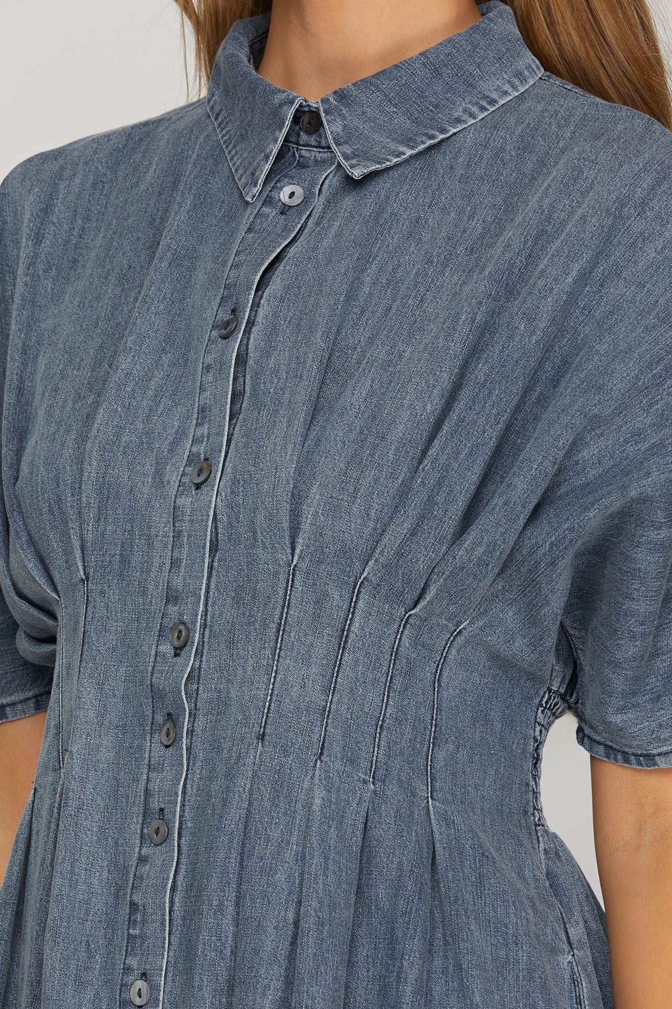 Denim Pleated Shirt Mini Dress