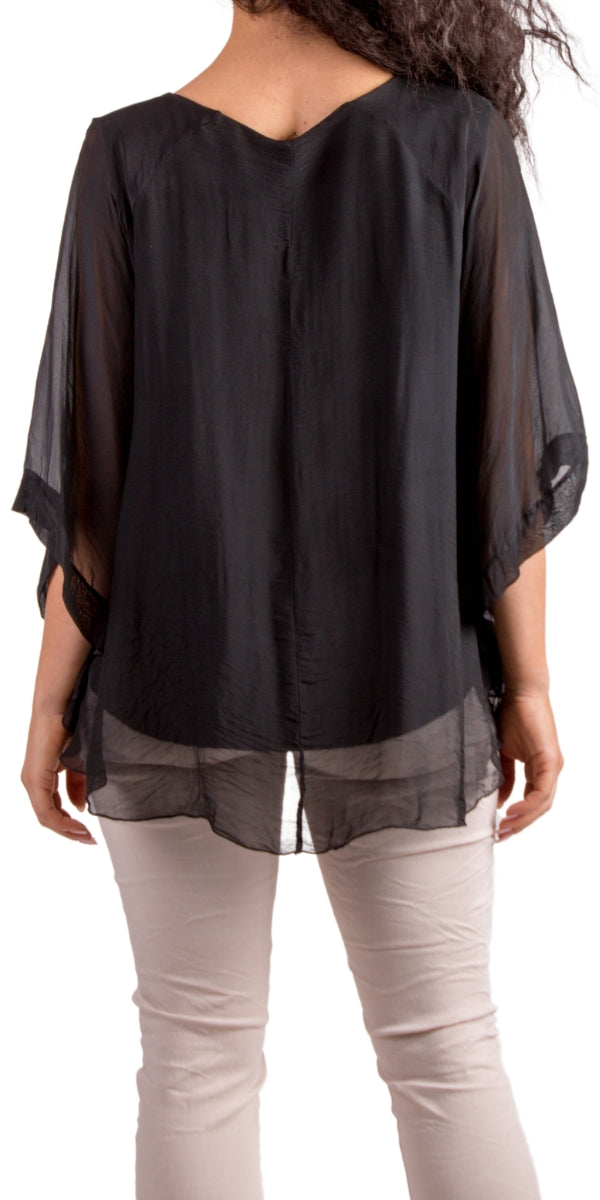 Black Round Neck Silk Top w/ Bell Sleeves