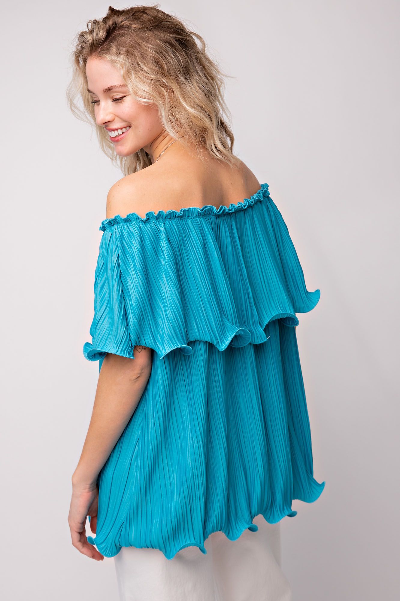 Turquoise Satin Pleated Top