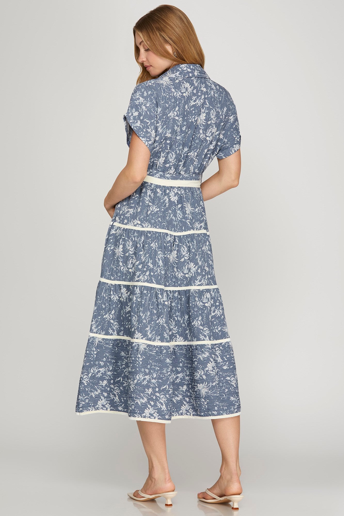 Blue Floral Contrast Trim Midi Dress
