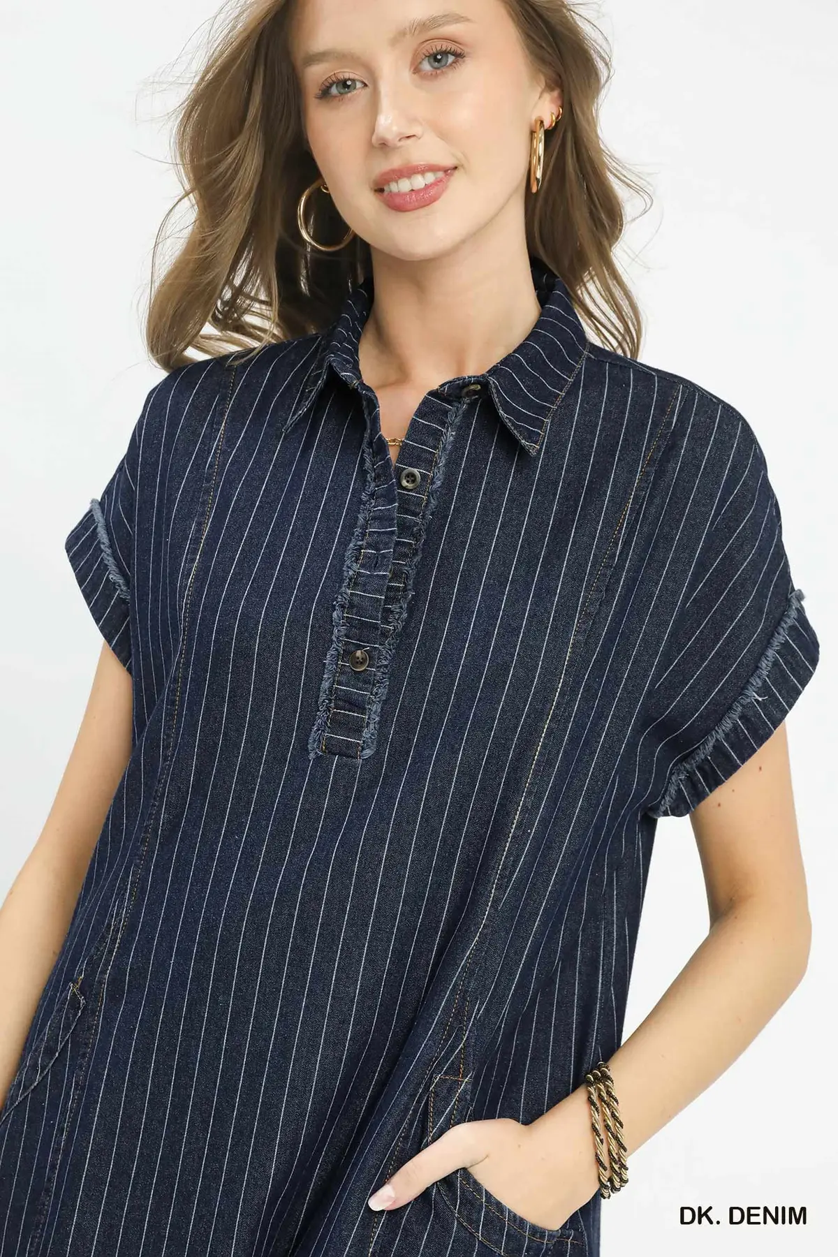 Dark Denim Pinstripe Polo Collar Mini Dress