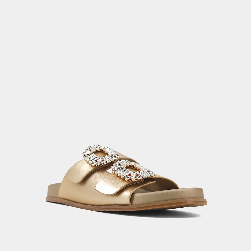 Gold Slip On Sandal w/ Crystal Buckle by Shushop