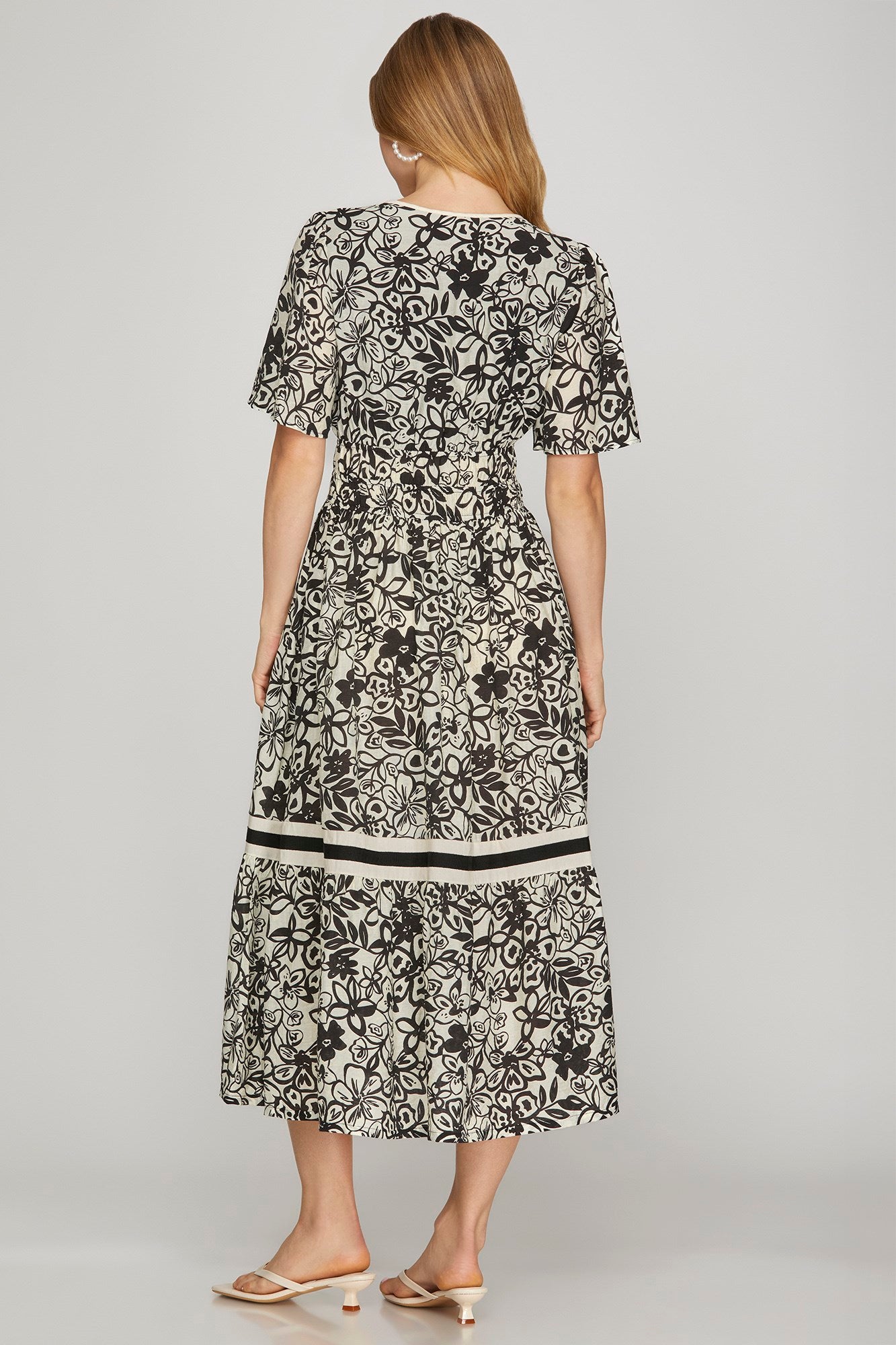 Black & Ivory Floral Contrast Midi Dress