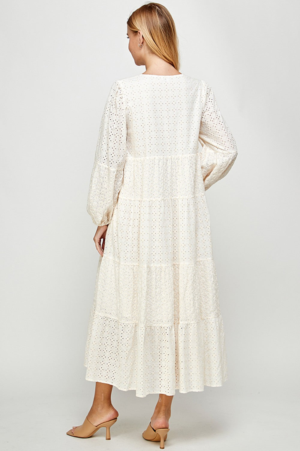 Cream Eyelet Lace Tiered Midi Dress
