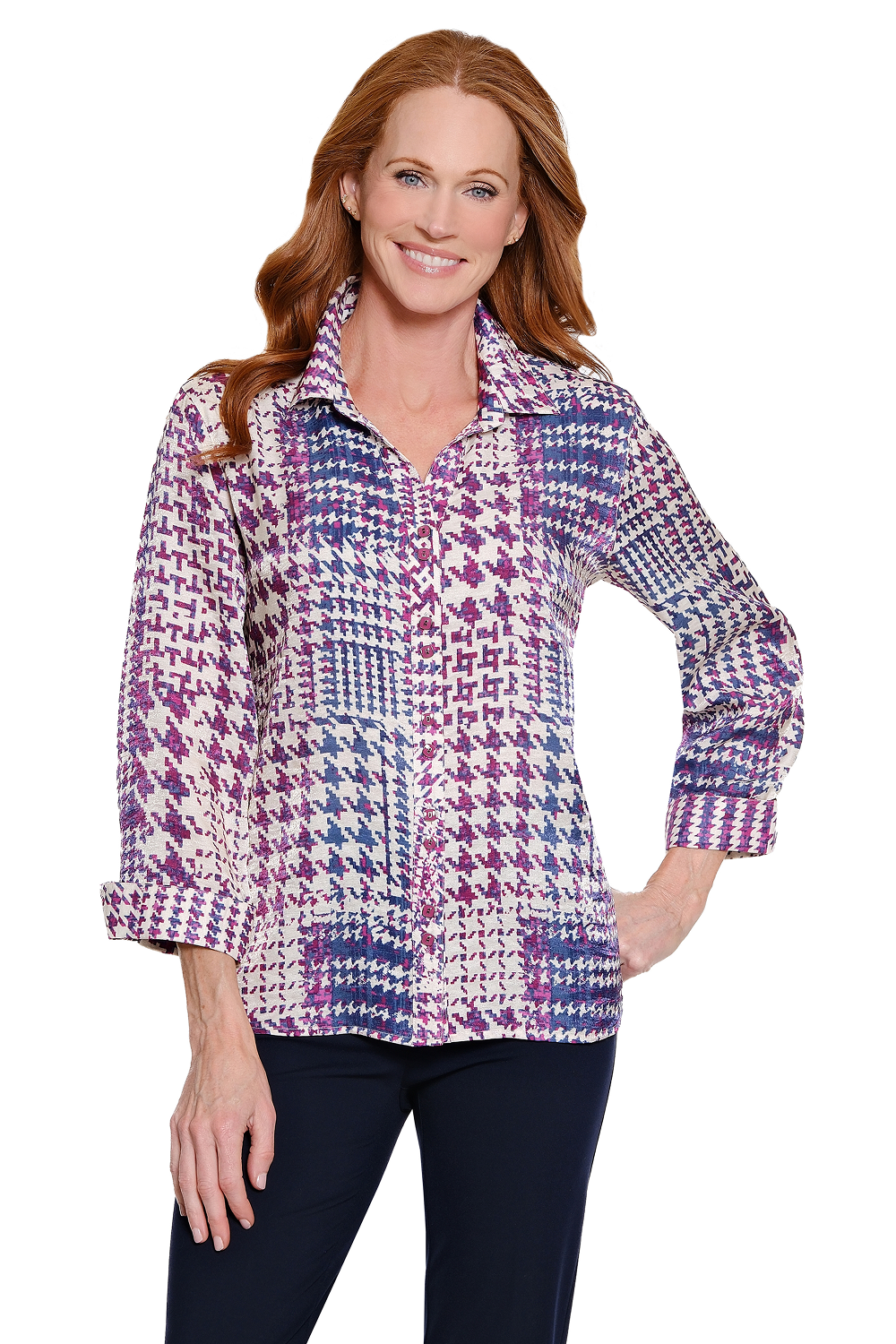 Ivory w/ Shades of Purple Button Front Top