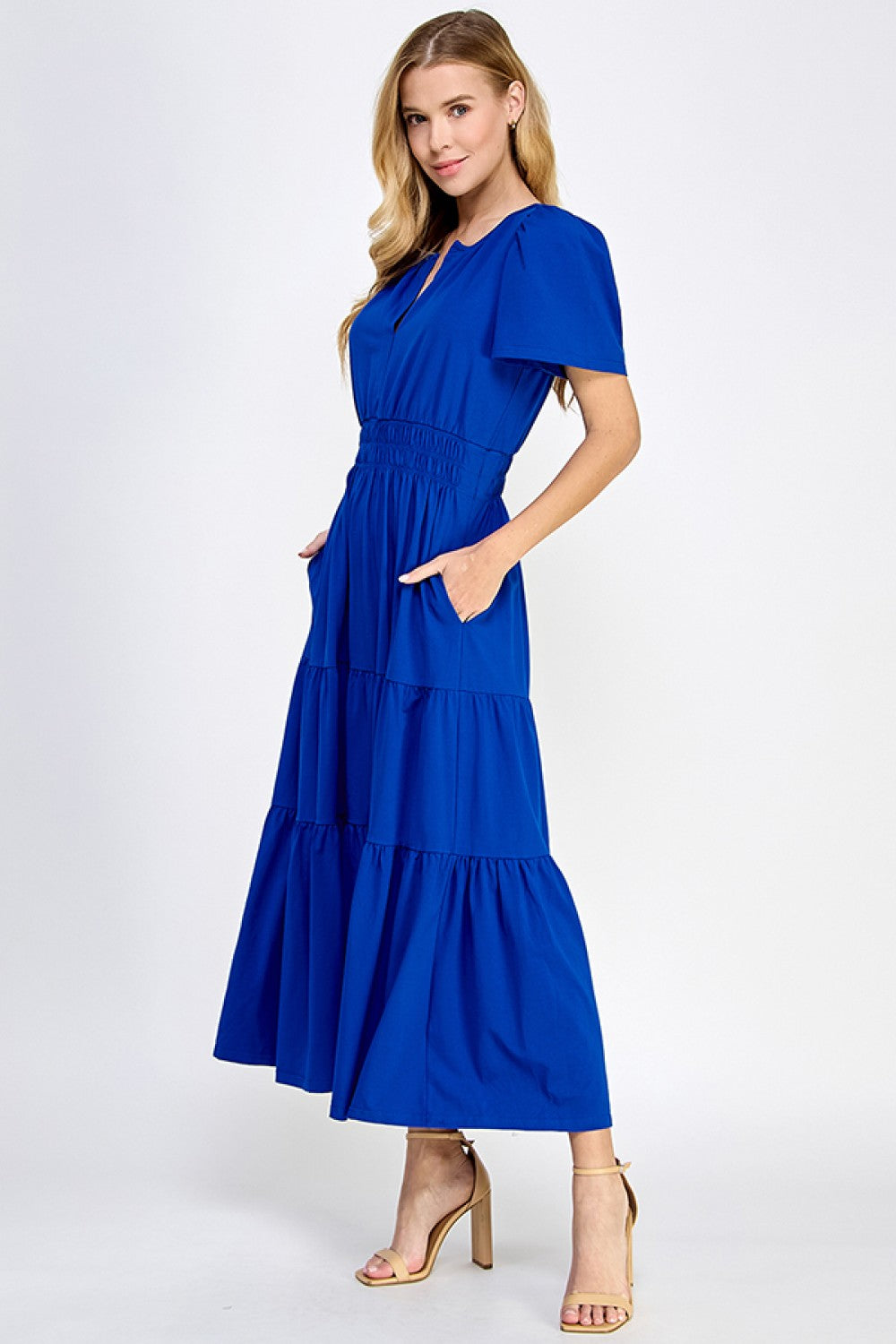 Royal Blue Short Sleeve Tiered Maxi Dress