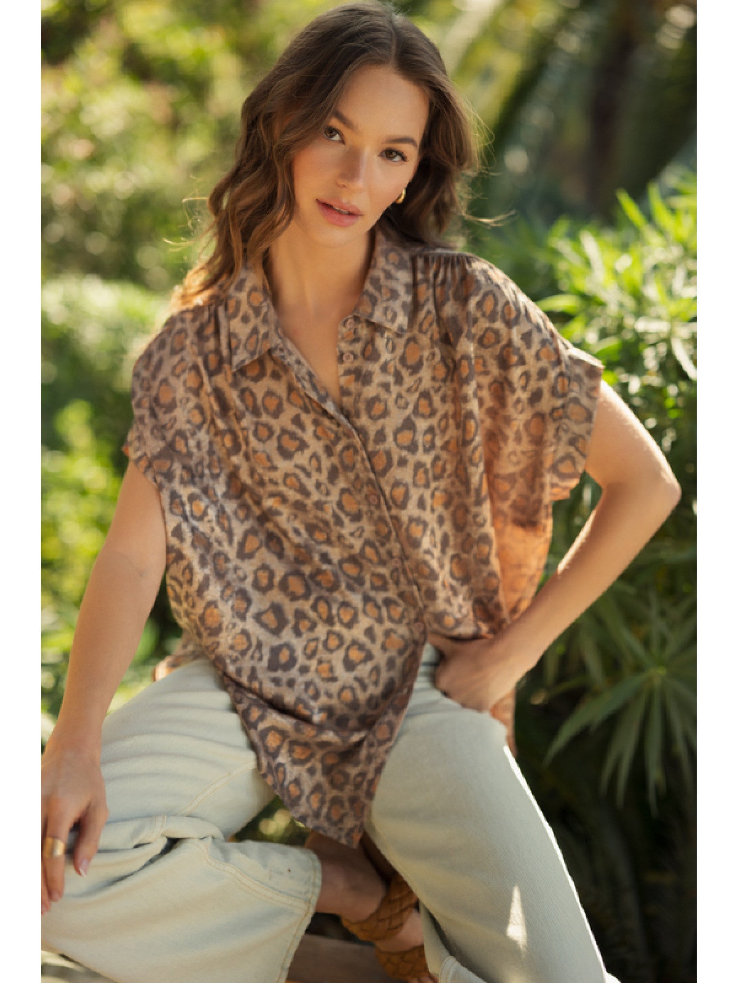 Toffee Leopard Print Button Up Top