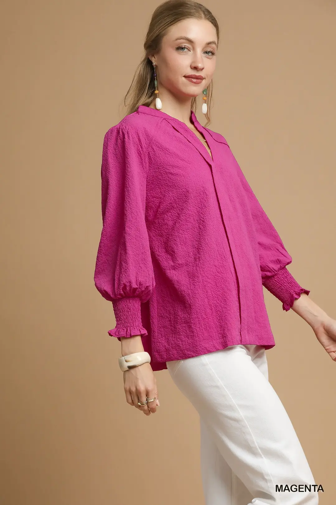 Magenta Textured V-Neck Top