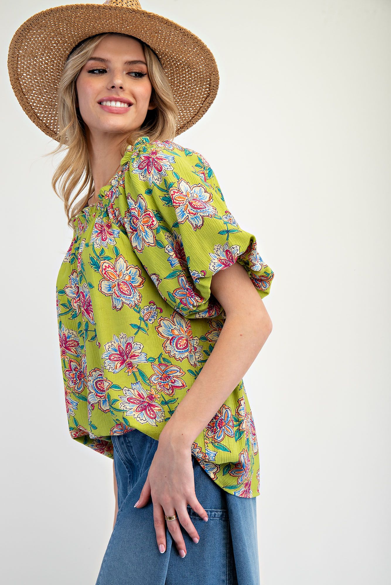 Chartreuse Floral Peasant Blouse