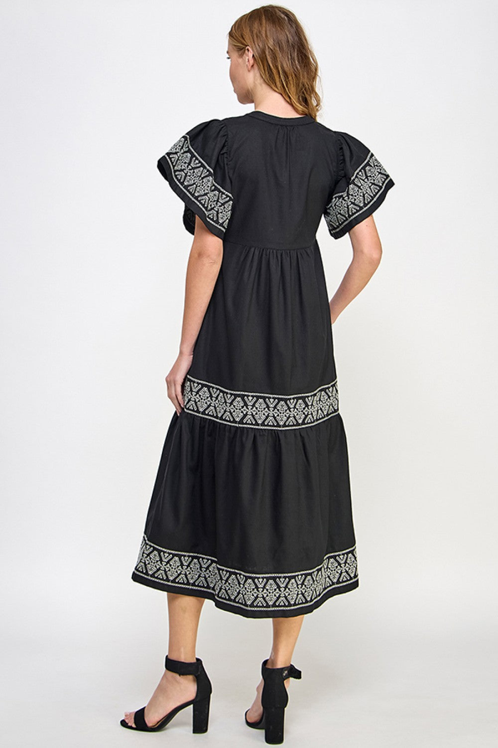 Black Linen & Cotton Blend Embroidered Dress