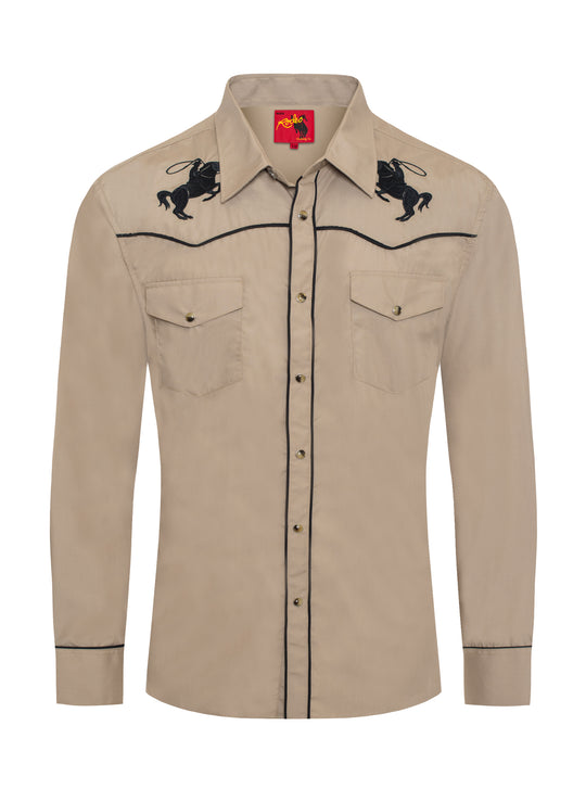 Men's Khaki Horse Embroidery Western Shirt