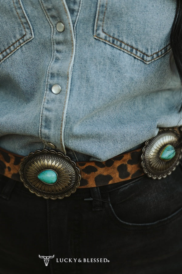 Leopard Print Leather & Turquoise Concho Belt