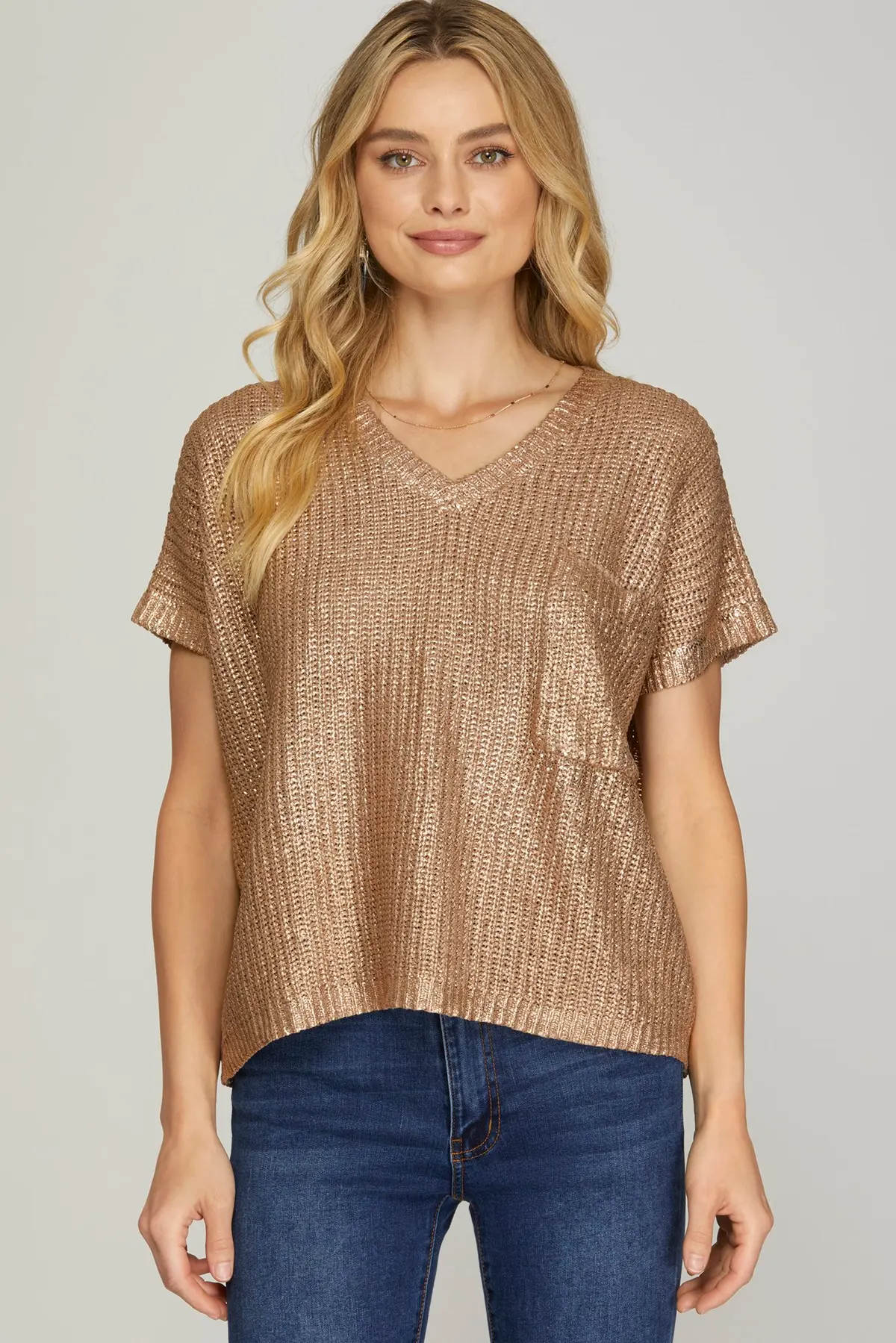 Mocha Gold Short Sleeve Metallic Sweater