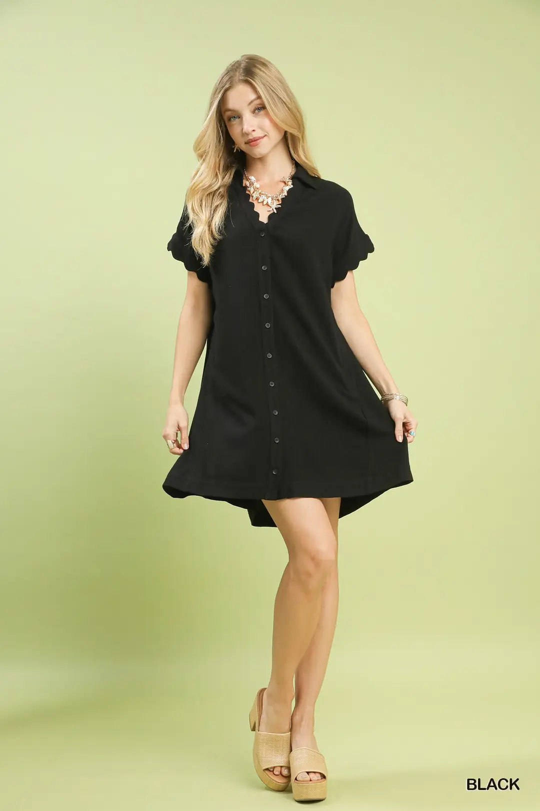 Black Linen/Cotton Blend Scalloped Mini Dress
